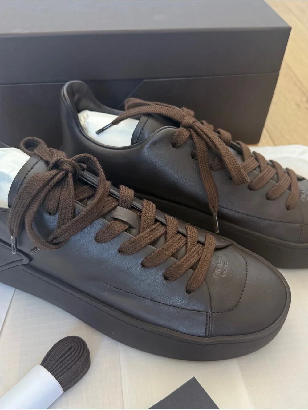 Prada Dark Brown Leather Low-Top Sneakers 37 euro size